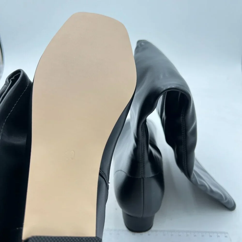Black Women Stylish Square Toe Block Low Heel Side Zipper Knee High Riding Boots